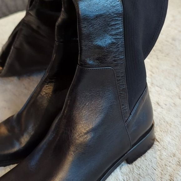 Zara Black Patent Leather Cloth Calf Over Knee Flat Heeled Boots Size 6.5 NWT