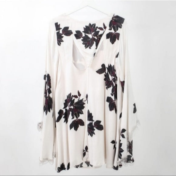 Free People The Wanderer Cream Black Floral Mini Tunic Long Sleeves Dress Size M