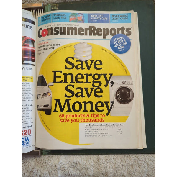 2008 CONSUMER REPORTS Magazine Monthly Jan-Dec Address Labels - In Green Binder