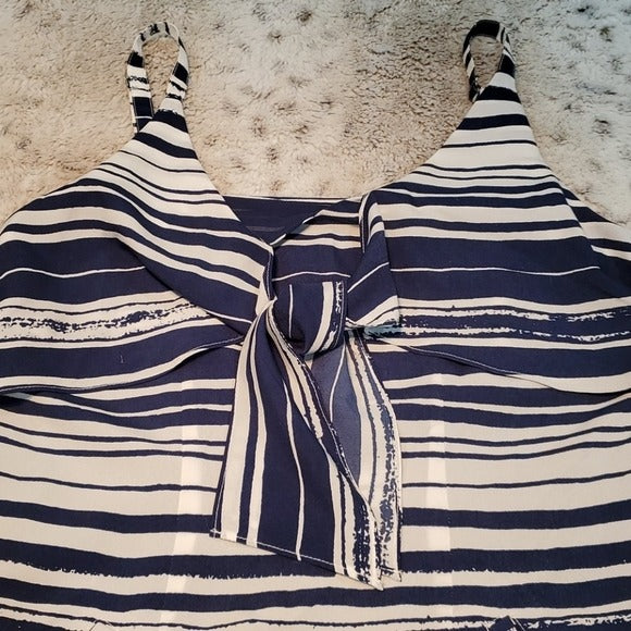 Cabi Blue and White Horizontal Stripe Front Tie VNeck Above Knee Dress Size S