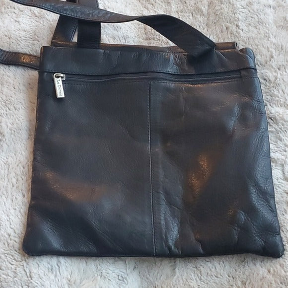 Le Donne Black Leather Square Flap Closure Crossbody Bag Purse Multiple Pockets