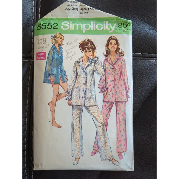 1969 SIMPLICITY #8552 LADIES PAJAMAS-SHEER COVER UP BRA PANTIES PATTERN Size 14