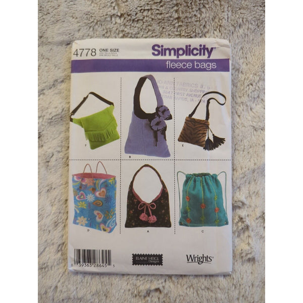 2004 Fleece Handbags Six Styles Sewing Pattern Simplicity 4778 OOP UC Wrights