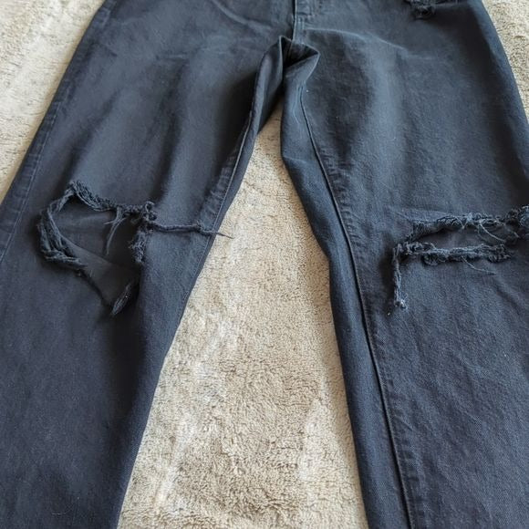 AG Adriano Goldschmied Black Distress Raw Hem Phoebe Straight Leg Jeans Size 30