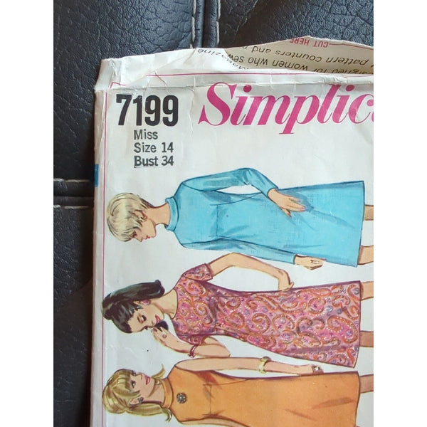 1960s Simplicity Sewing Pattern 7199 Misses A-Line Dress Sz 14 Bust 34 COMPLETE