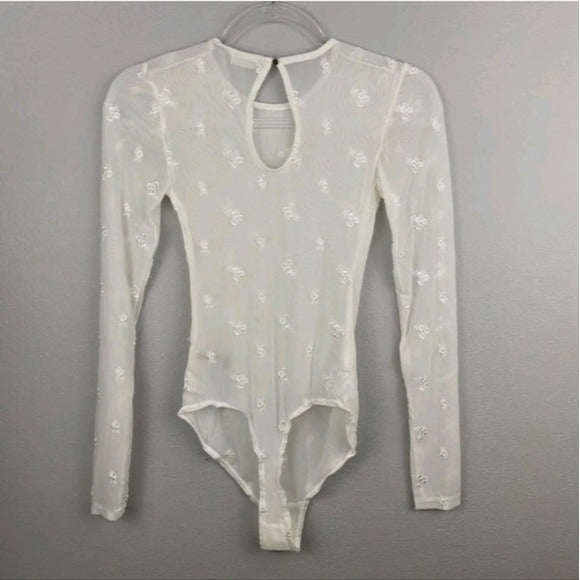 Free People Ivory Floral Embroider Make Out Mesh See Through BodySuit Size S NWT