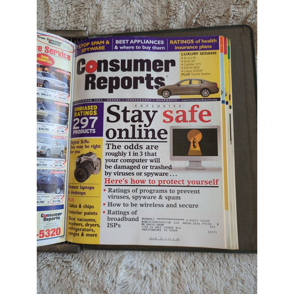 2005 CONSUMER REPORTS Magazine Monthly Jan-Dec Address Labels - In Green Binder