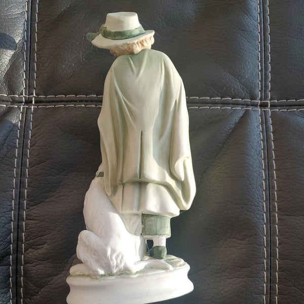 10" ANDREA BY SADEK Bisque Porcelain Figurine Green Girl and Boy with Dog #7154