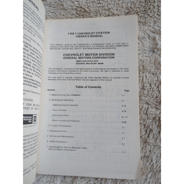 1981 Chevroelt Citation Owners Manual User Guide Reference Operator Book Fuses