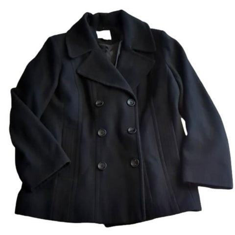 Anne Klein Black Wool Blend Longer Double Breasted Pea Coat Size L Bust 42 In