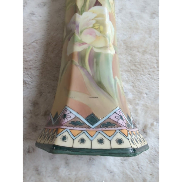 Nippon Vase Hand Painted White Floral Green Foliage Bead Paint Accented 12” Tall