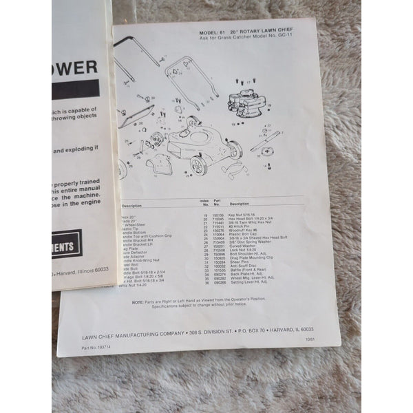 1976 Lawn Chief Rotary Lawn Mower Owners Manual Operating Instructions Guide Lot