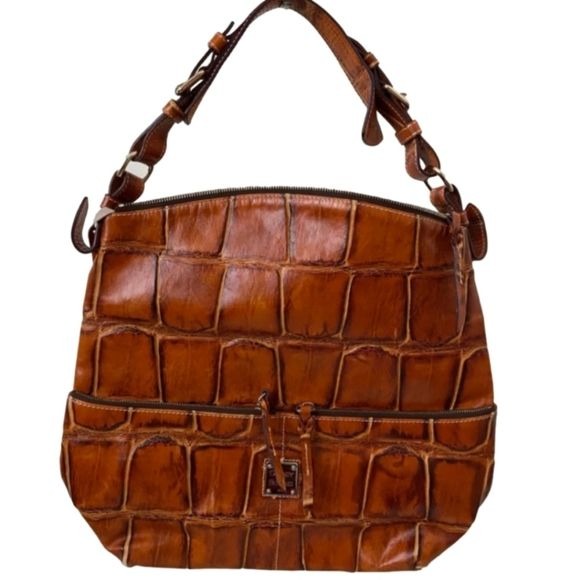 Dooney & Bourke Authentic Brown Leather Crocodile Hobo Purse Metal Hardware