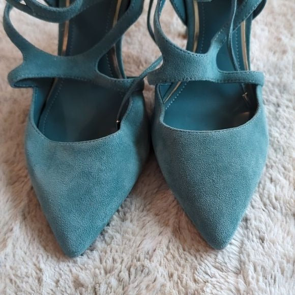 White House Black Market Marlow Heels Teal Blue Green Suede Size 10 Strappy Shoe