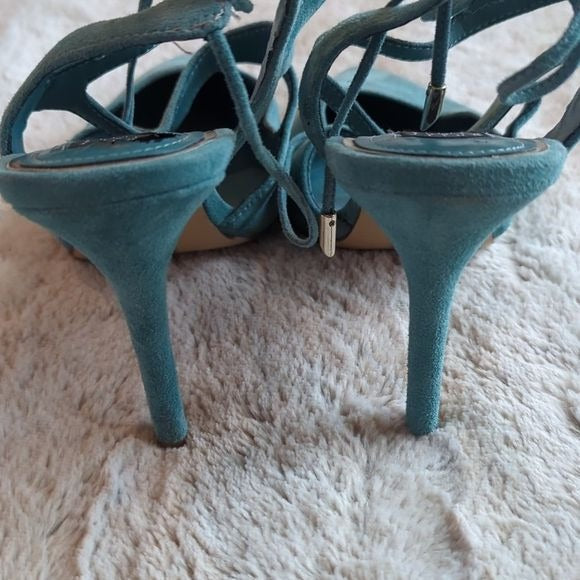 White House Black Market Marlow Heels Teal Blue Green Suede Size 10 Strappy Shoe