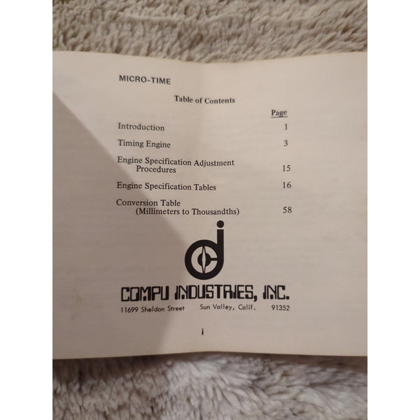 VINTAGE COMPU INDUSTRIES INC MICRO-TIME INSTRUCTIONS AND SPECIFICATIONS MANUAL