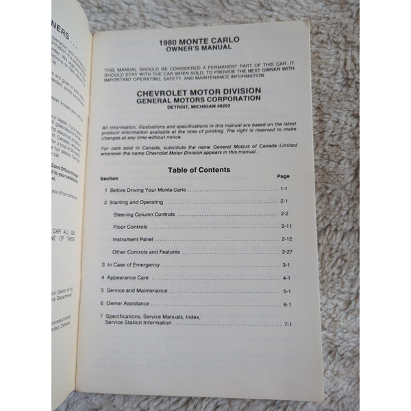 1980 Chevrolet Monte Carlo Owners Manual User Guide Reference Operator Book OEM