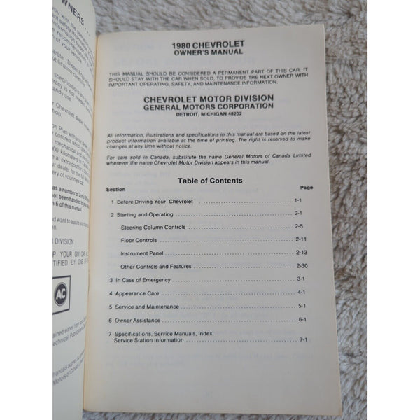 1980 Chevrolet Malibu Classic Owners Manual User Guide Reference Operator Book