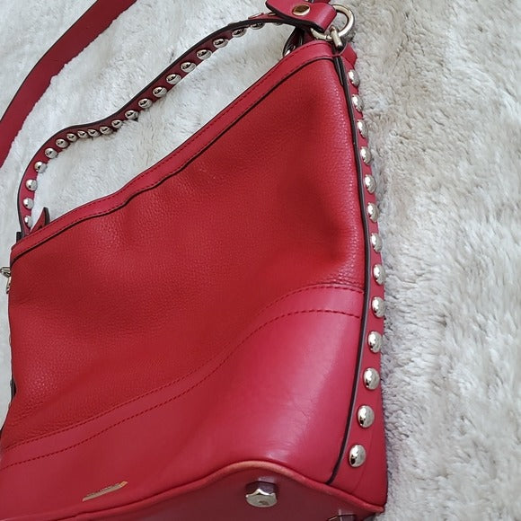 Rebecca Minkoff Red Leather Silver Studded Blythe Dual Strap Hobo Shoulder Bag