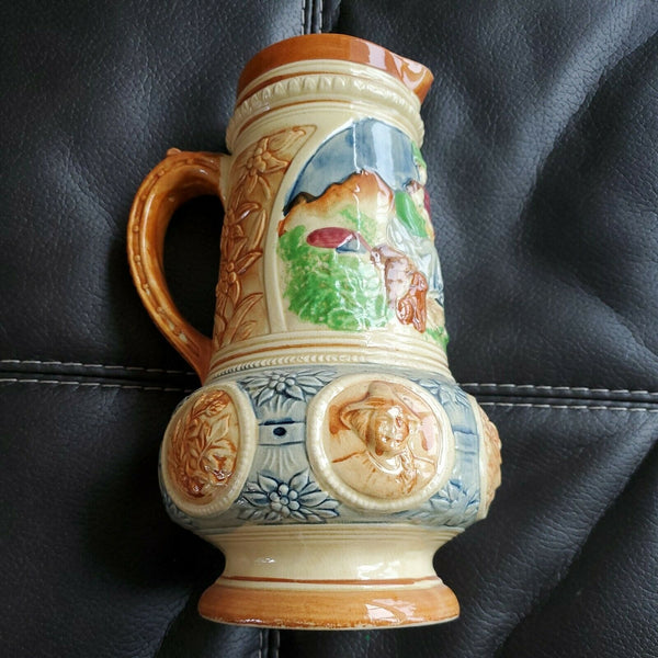 Large “K” glazed, hand painted 10.5” pitcher w/raised designs, 6.5" wide, Japan