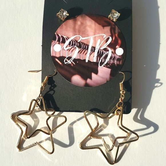 Boutique Two Pair Simple Faux Studs and Gold Tone Dangle Star Earrings