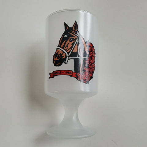 "SMILE" Minnesotas First National Racing Champion Frosted Stem Glass 1986 6.5 in