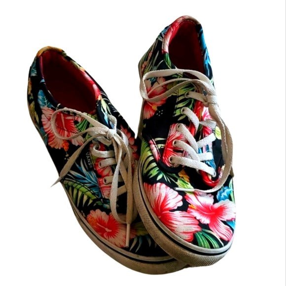 Vans Sneakers Shoes Hawaiian Tropical Black Floral Print Women Size 7.5 Lace Up