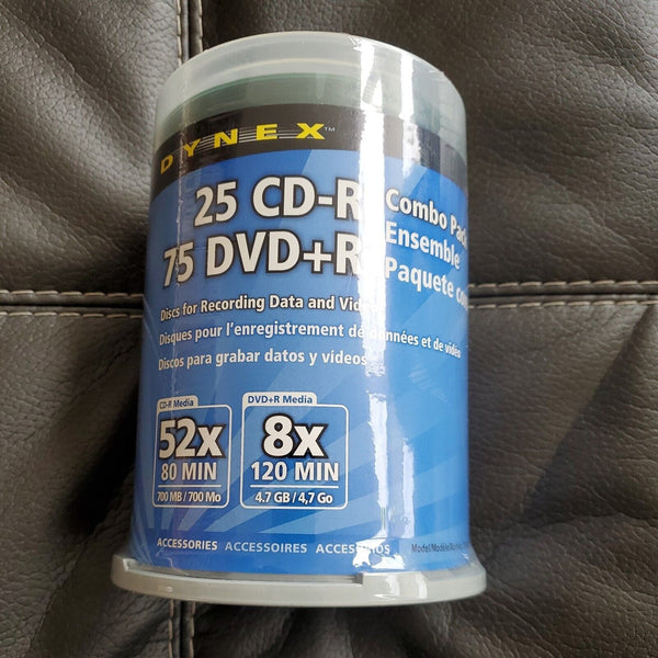 NEW SEALED DYNEX Combo Pack 25 CD-R 75 DVD+R Blank CD DVD 100 Discs DX-M7525