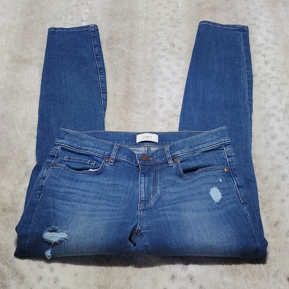 Ann Taylor LOFT Distressed Mid Rise Modern Skinny Blue Jeans Size 2