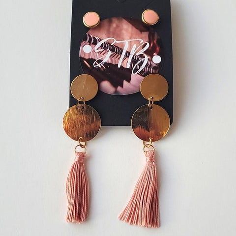 Boutique Two Pair Pink Gold Tone Studs and Gold Tone Dusty Pink Tassel Earrings