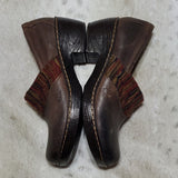 Born BOC Brown Leather Mules With Cloth Upper Detailing Heeled Size 11M