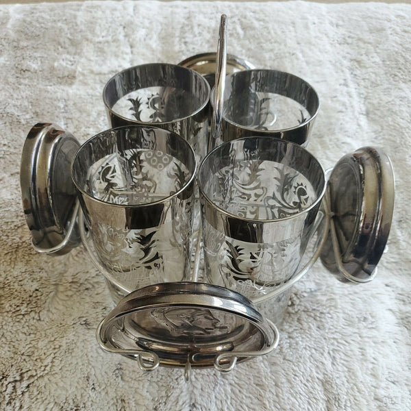 KIMIKO Bar Glasses Coasters Set Pewter Silver Roman Gladiator Crest Hi Ball Vtg