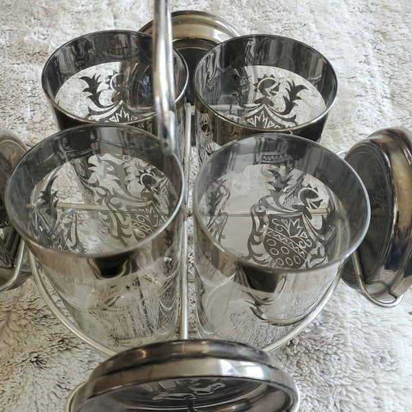 KIMIKO Bar Glasses Coasters Set Pewter Silver Roman Gladiator Crest Hi Ball Vtg