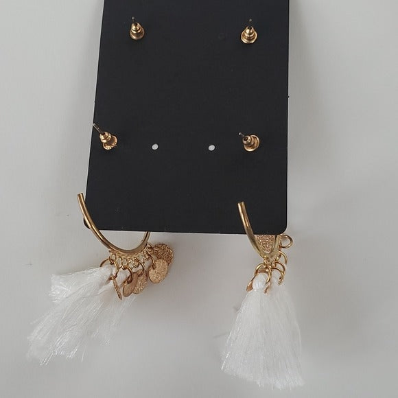 Boutique Two Pair Faux Diamond Stud and Dangling White Tassel Gold Tone Earrings