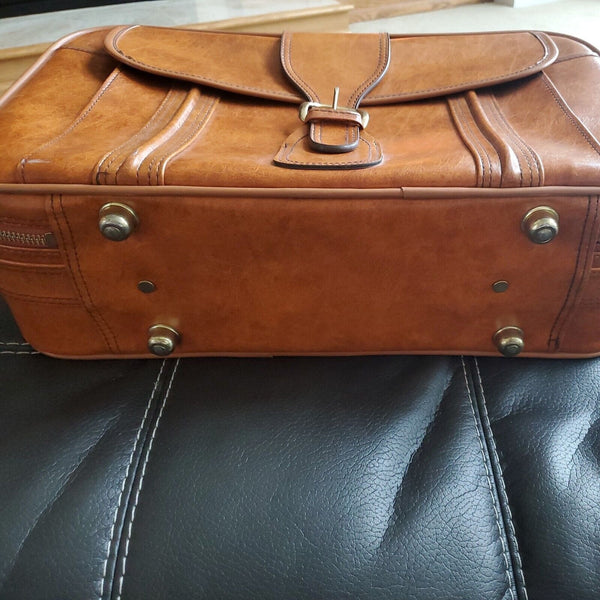 Vtg Brown MCM 1960s Leather Cowhide Travel Shell Luggage Suitcase Front Pocket