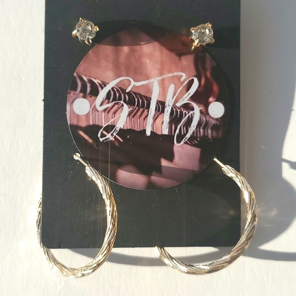 Boutique Two Pair Faux Stone Studs and Gold Tone Larger Hoop Earrings