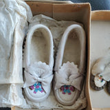 Vintage Inuit White Leather Infant Baby Moccasins with Beads Ties Doll Set 1928
