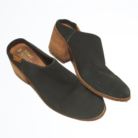 Toms Black Leather Slip On Heeled Mule Clogs Size 9