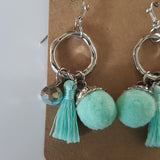 Boutique Silver Tone and Faux Stone w Fabric Accent Dangle Earrings