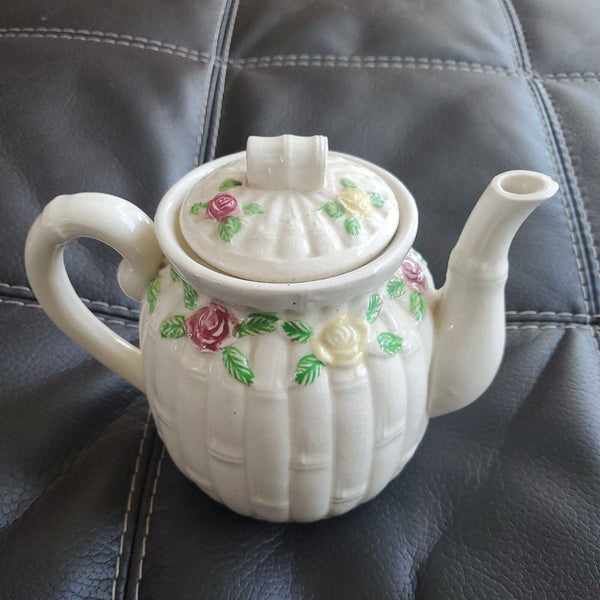 Vintage Japanese White Banboo Looking Floral Embellished Tea Pot 5 x 6 Inches