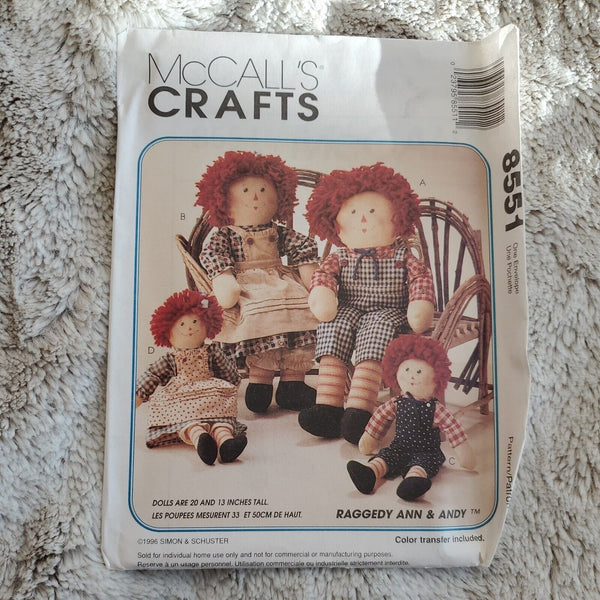 McCalls 8551 Raggedy ANN ANDY Dolls 13 & 20 inch Crafts sewing pattern UNCUT FF