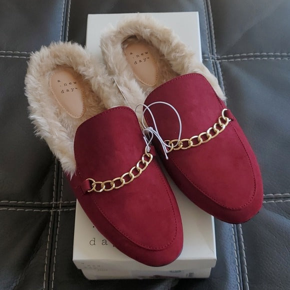NWT A New Day Rebe Burgundy Red Mule Flats Shoes Faux Leather Slip On Shoes