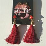 Boutique Two Pair Gold Tone Triangle Studs and Long Dark Red Tassel Earrings