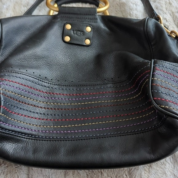 Ugg Australia Handbag Black Leather Rainbow Stitch Satchel Crossbody Purse Bag