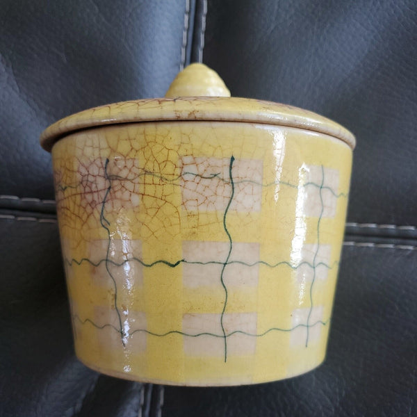 Vintage Japanese Yellow Ice Crack and Lattice Lidded Canister Bowl 5 x 4 Inches