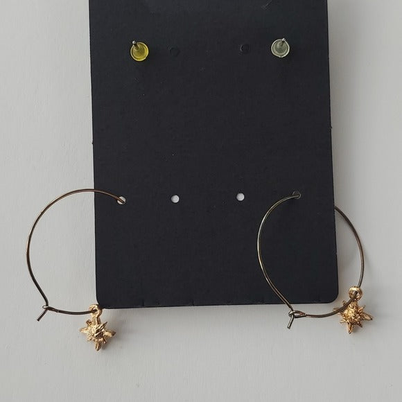 Boutique Two Pair Faux Pearl Studs and Gold Tone Hoops w Star Charm