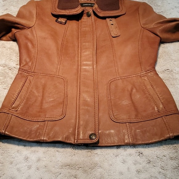 Jones New York Tan Soft Leather Bomber Jacket Size M
