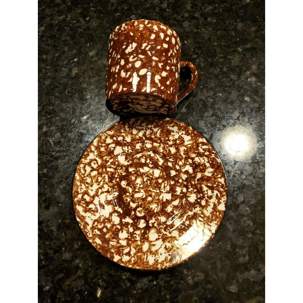 Stangl Town and Country Brown Spongeware Cup and 6 inch Plate Set