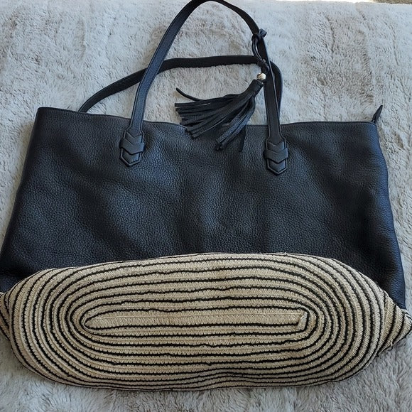 Rebecca Minkoff Black Leather and Beige Horizontal Stripe Shoulder Bag Tote