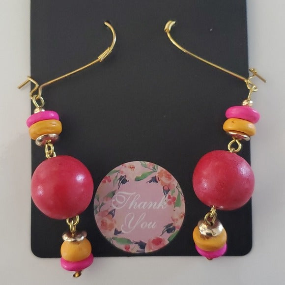 Boutique Dangling Wooden Red Pink Gold Earrings